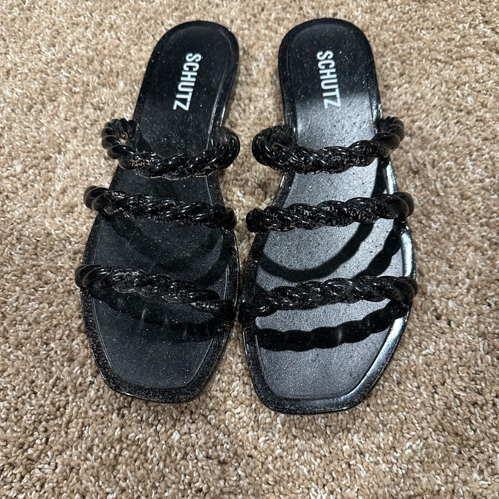 Shutz black glitter jelly sandal, size 8